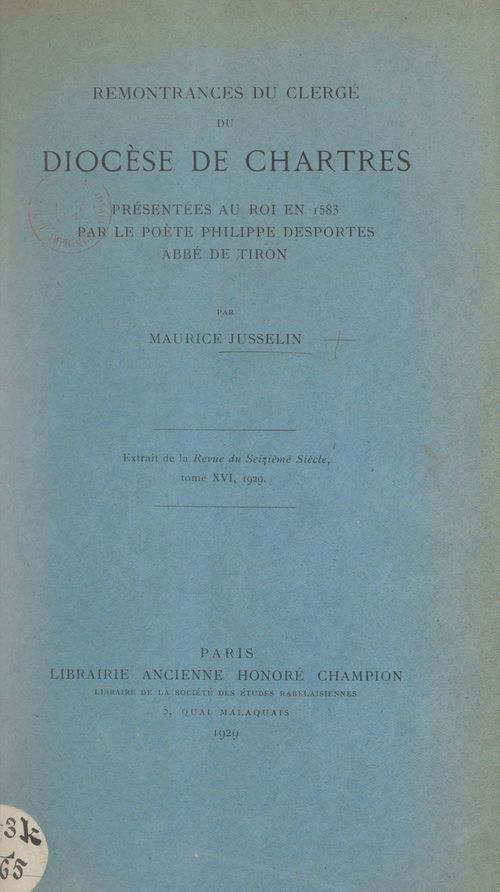 ebook cover of Remontrances du clergé du diocèse de Chartres, présentées au roi en 1583 par le poète Philippe Desportes, abbé de Tiron, by Maurice Jusselin