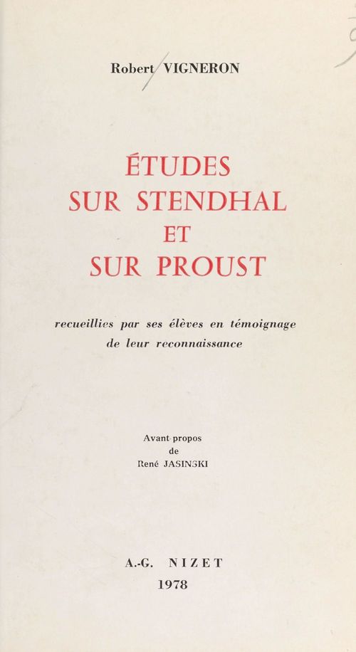 Couverture ebook de Études sur Stendhal et sur Proust, de Robert Vigneron