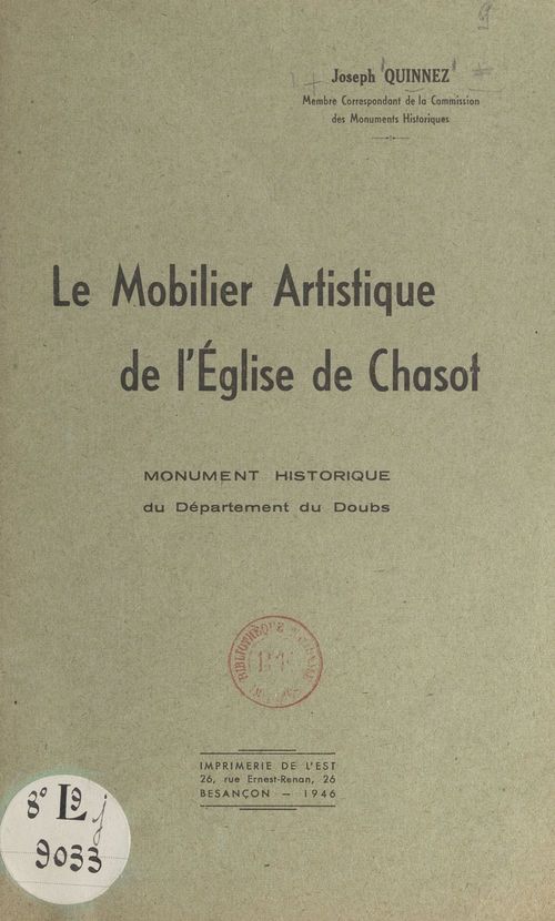 Couverture ebook de Le mobilier artistique de l'église de Chasot, de Joseph Quinnez