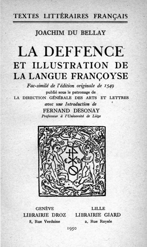 Couverture ebook de La Deffence et Illustration de la Langue françoyse., de Fernand Desonay, Joachim Du Bellay