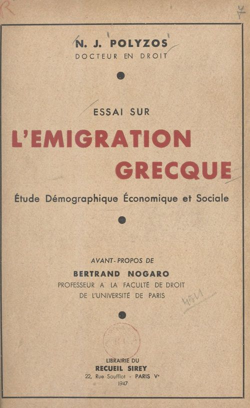 Couverture ebook de Essai sur l'émigration grecque, de Nicos J. Polyzos