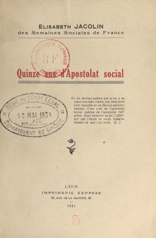 Couverture ebook de Quinze ans d'apostolat social, de Elisabeth Jacolin
