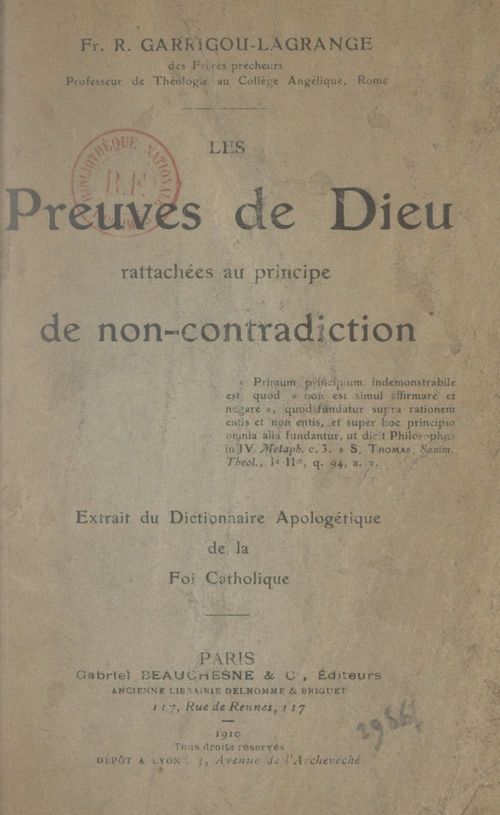 Couverture ebook de Les preuves de Dieu rattachées au principe de la non-contradiction, de Reginald Garrigou-Lagrange