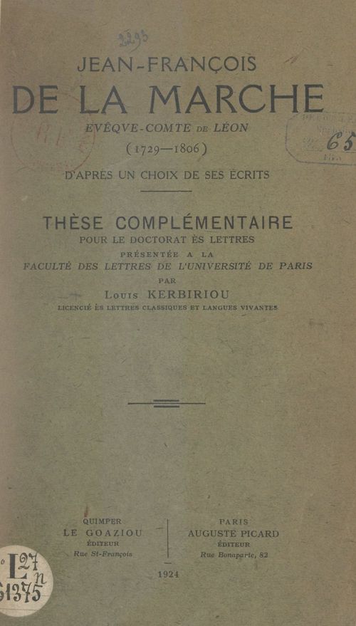 Couverture ebook de Jean-François de La Marche, évêque-comte de Léon (1729-1806), de Louis Kerbiriou