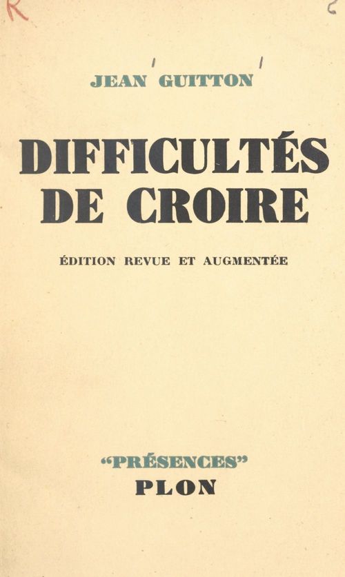 Couverture ebook de Difficultés de croire, de Jean Guitton