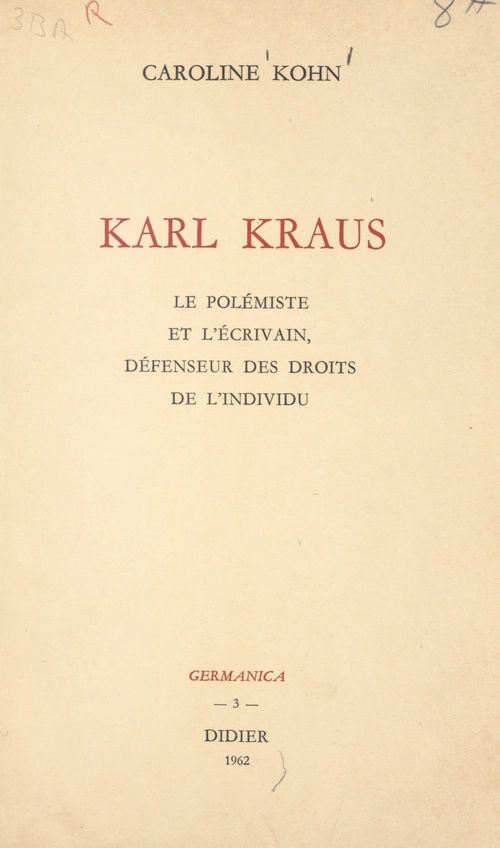 Couverture ebook de Karl Kraus, de Caroline Kohn