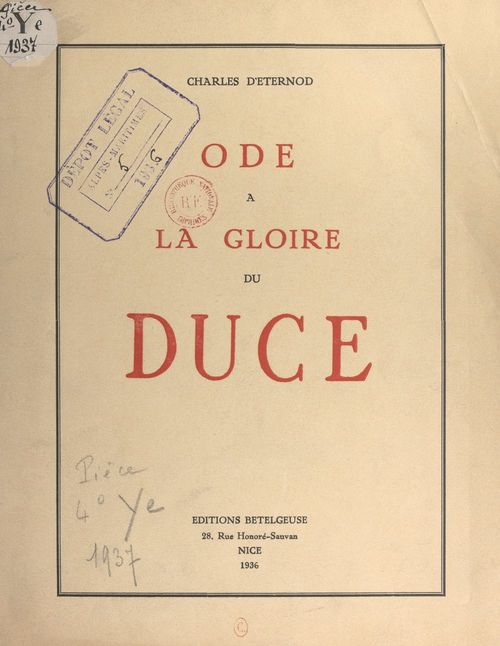 ebook cover of Ode à la gloire du Duce, by Charles D''Eternod