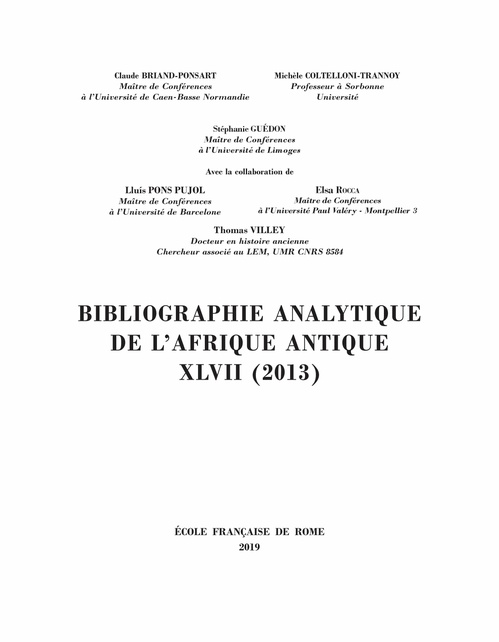 Couverture ebook de Bibliographie analytique de l´Afrique antique XLVII (2013), de Collectif