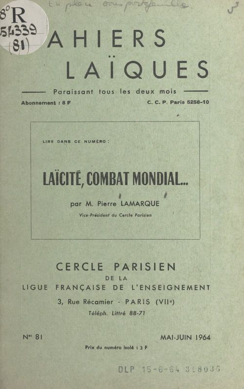 ebook cover of Laïcité, combat mondial..., by Pierre Lamarque