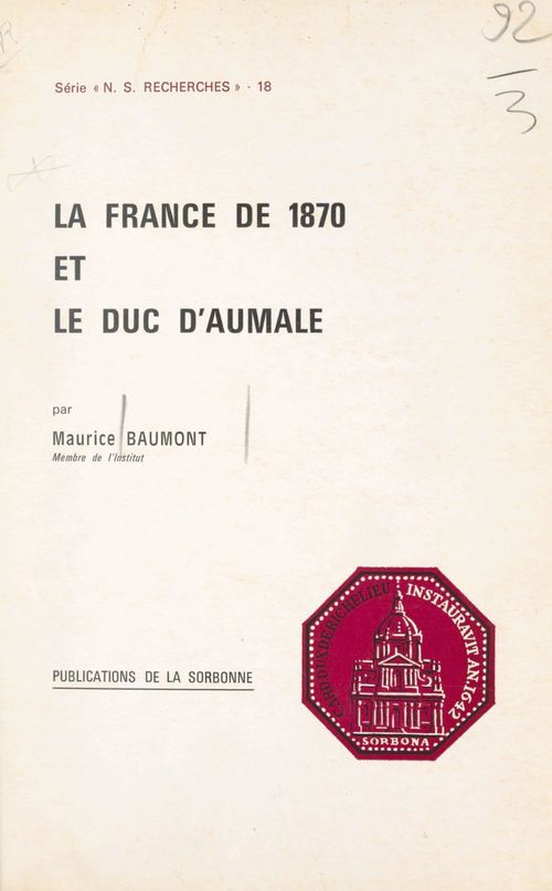 Couverture ebook de La France de 1870 et le duc d'Aumale, de Maurice Baumont