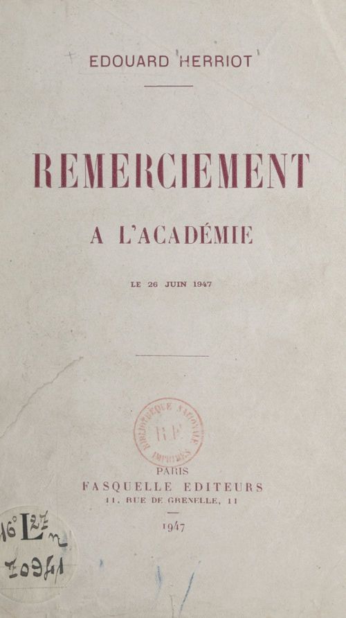 ebook cover of Remerciement à l'Académie, by Edouard Herriot