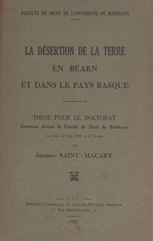 Couverture ebook de La désertion de la terre en Béarn et dans le Pays basque, de Jacques Saint-Macary