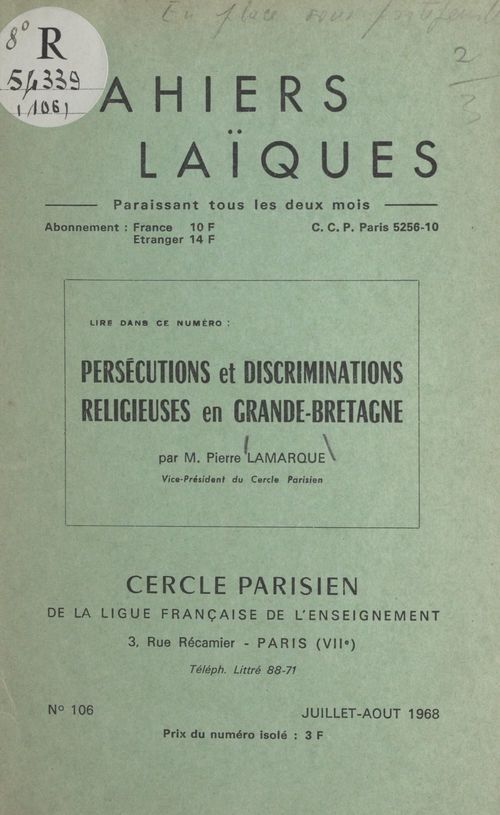 Couverture ebook de Persécutions et discriminations religieuses en Grande-Bretagne, de Pierre Lamarque
