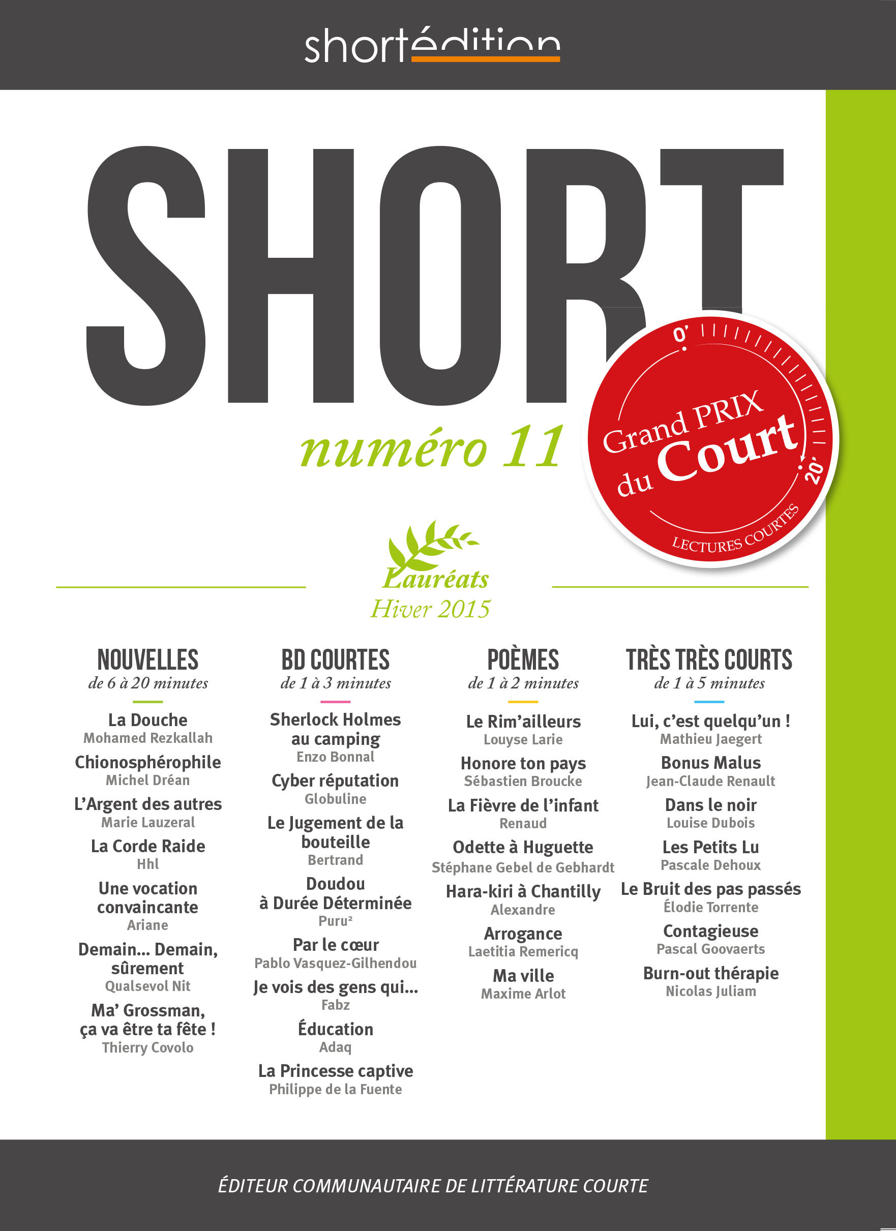 ebook cover of SHORT 11 - Hiver 2015, by Michel Drean, Louyse Larie, Mathieu Jaegert