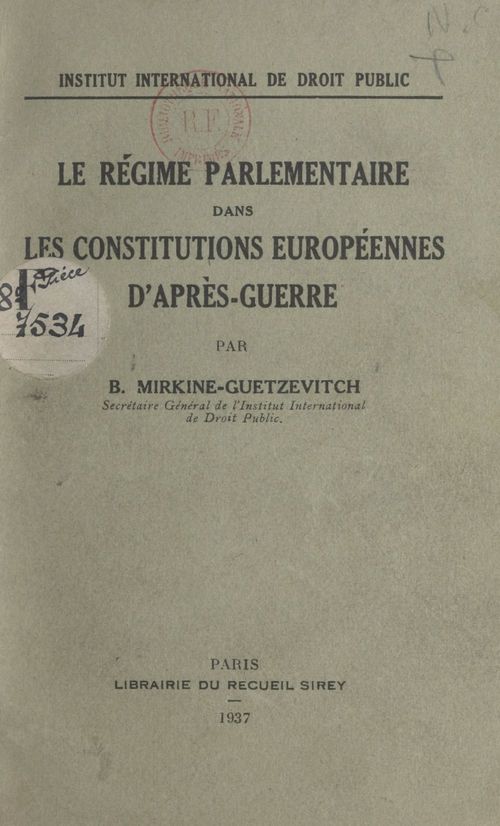 Couverture ebook de Le régime parlementaire dans les constitutions européennes d'après guerre, de Boris Mirkine-Guetzevitch