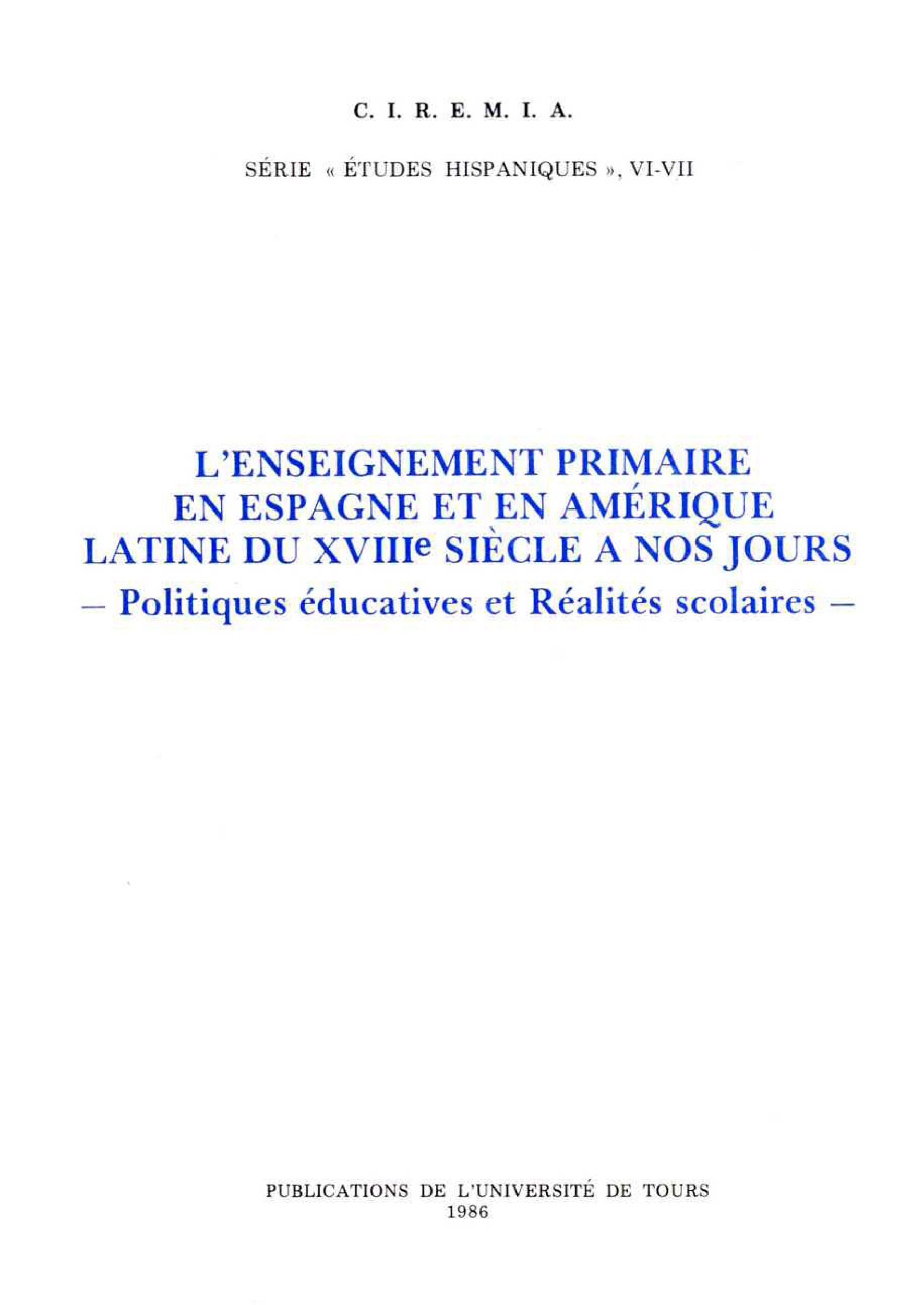 Couverture ebook de L'enseignement Primaire en Espagne et en Amérique Latine du XVIIIe siècle à nos jours, de