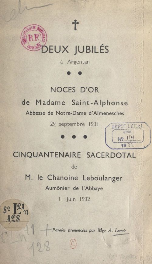 Couverture ebook de Deux jubilés à Argentan, de Alfred Lemee