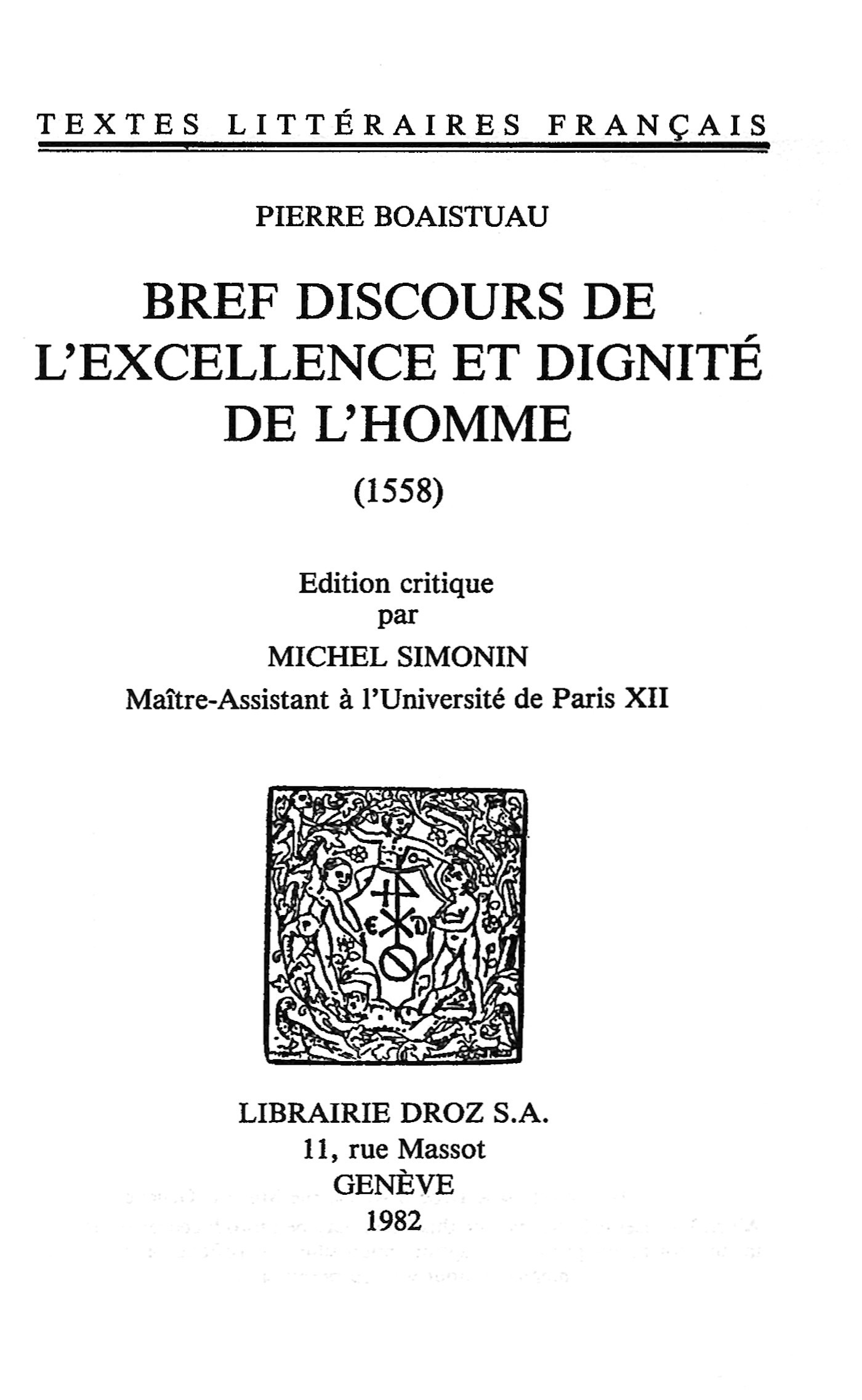 Couverture ebook de Bref discours de l´excellence et dignité de l´homme, de Boaistuau Pierre