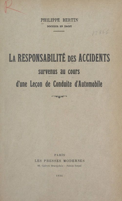 ebook cover of La responsabilité des accidents survenus au cours d'une leçon de conduite d'automobile, by Philippe Bertin