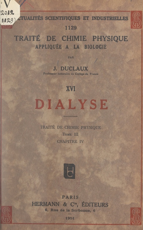 Couverture ebook de Dialyse. Traité de chimie physique (tome III, chapitre IV), de Jacques Duclaux