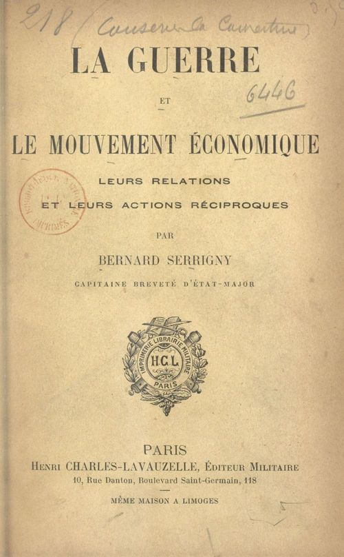 Couverture ebook de La guerre et le mouvement économique, de Bernard Serrigny