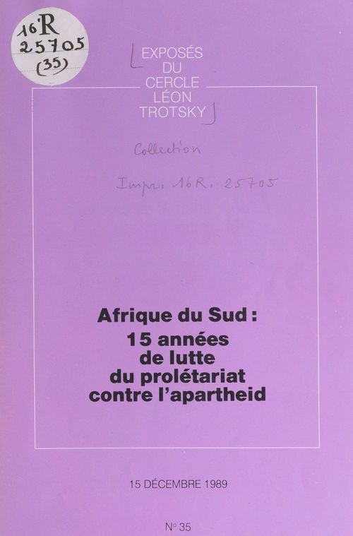 ebook cover of Afrique du Sud : 15 années de lutte du prolétariat contre l'apartheid, by Cercle Leon Trotsky