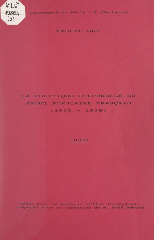 Couverture ebook de La politique culturelle du Front populaire français (1935-1938), de Pascal Ory