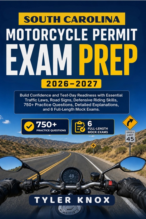 ebook cover of SOUTH CAROLINA MOTORCYCLE PERMIT EXAM PREP 2026-2027, by Tyler Knox