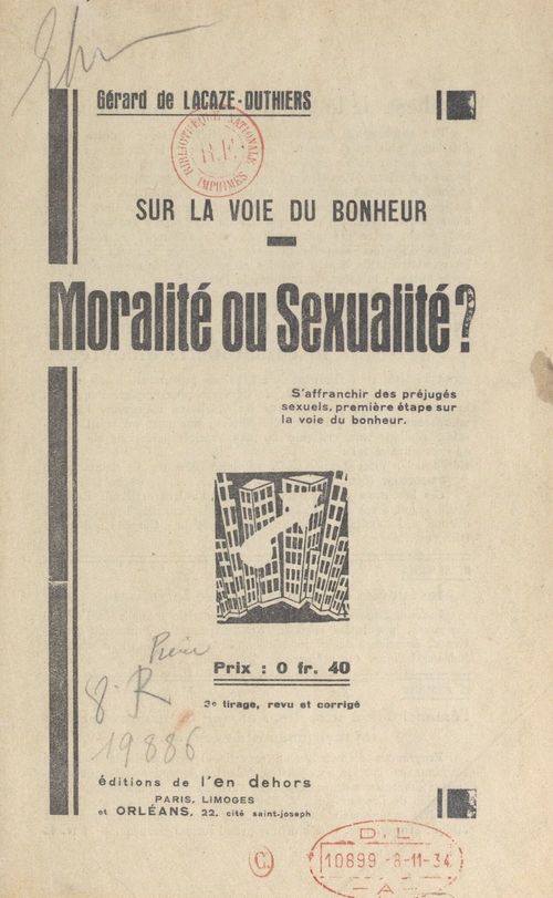 Couverture ebook de Sur la voie du bonheur, moralité ou sexualité ?, de Gerard De Lacaze-Duthiers