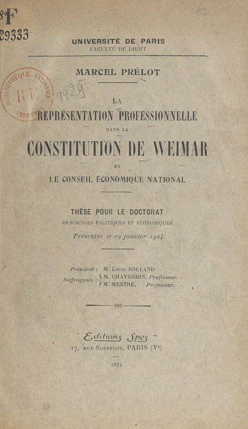 ebook cover of La représentation professionnelle dans la constitution de Weimar et le Conseil économique national, by Marcel Prelot
