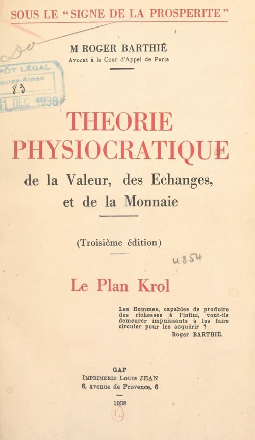 Couverture ebook de Théorie physiocratique de la valeur, des échanges et de la monnaie, de Roger Barthie