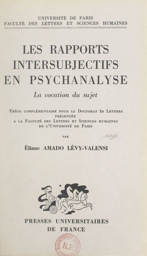 Couverture ebook de Les rapports intersubjectifs en psychanalyse, de Eliane Amado Levy-Valensi