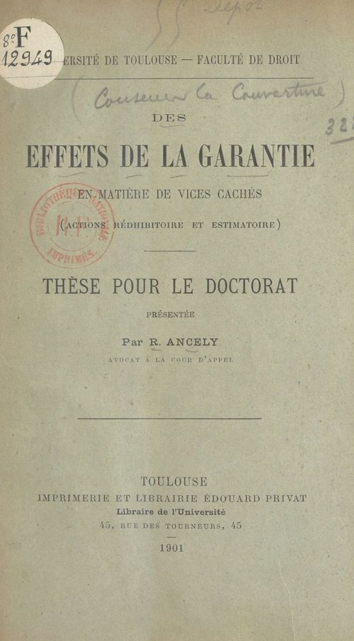 ebook cover of Des effets de la garantie en matière de vices cachés (actions rédhibitoire et estimatoire), by Rene Ancely