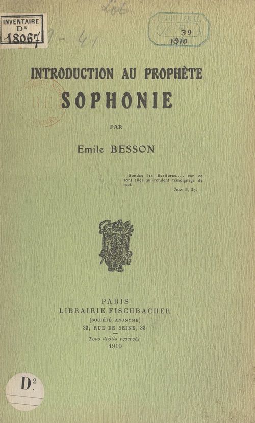 Couverture ebook de Introduction au prophète Sophonie, de Emile Besson