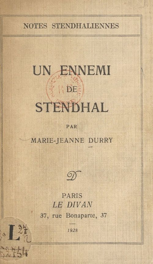 Couverture ebook de Un ennemi de Stendhal, de Marie-Jeanne Durry