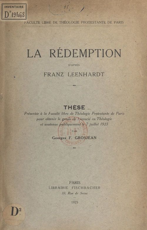 Couverture ebook de La Rédemption d'après Franz Leenhardt, de Georges F. Grosjean
