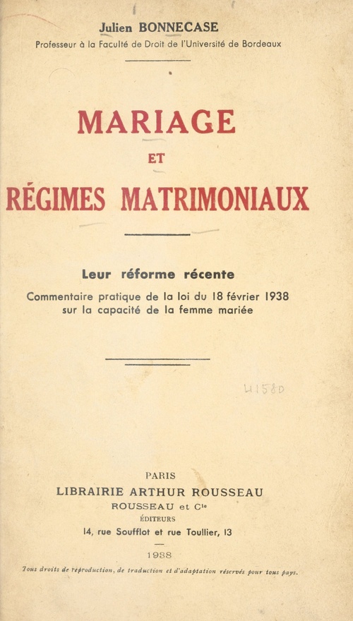 Couverture ebook de Mariage et régimes matrimoniaux : leur réforme récente, de Julien Bonnecase