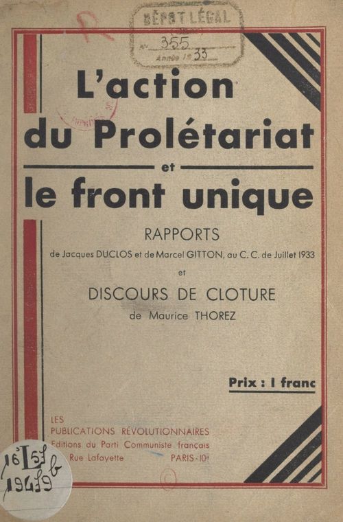 ebook cover of L'action du proletariat et le front unique, by Jacques Duclos, Marcel Gitton, Maurice Thorez