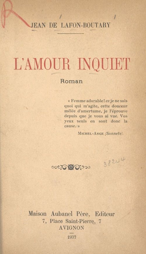 Couverture ebook de L'amour inquiet, de Jean De Lafon-Boutary