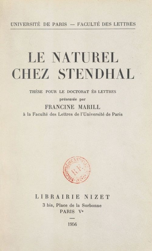 ebook cover of Le naturel chez Stendhal, by Francine Marill