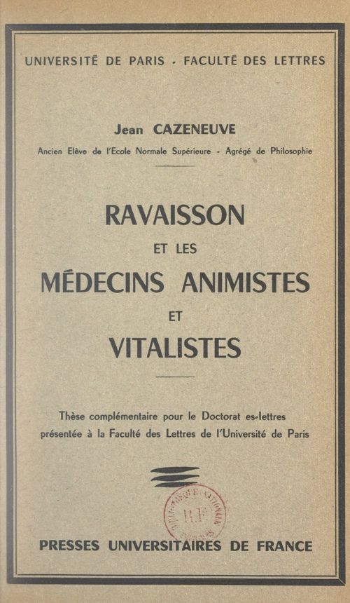 ebook cover of Ravaisson et les médecins animistes et vitalistes, by Jean Cazeneuve
