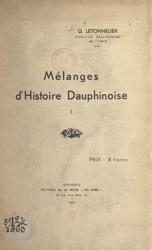 Couverture ebook de Mélanges d'Histoire dauphinoise (1), de Gaston Letonnelier