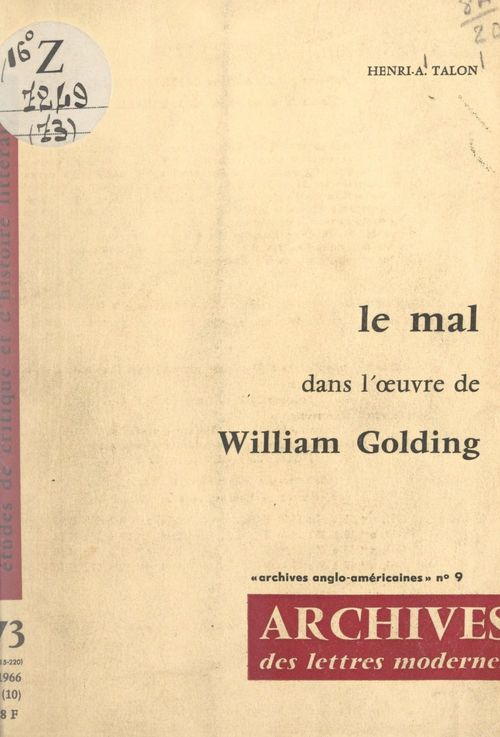 Couverture ebook de Le mal, dans l'oeuvre de William Golding, de Henri-A. Talon