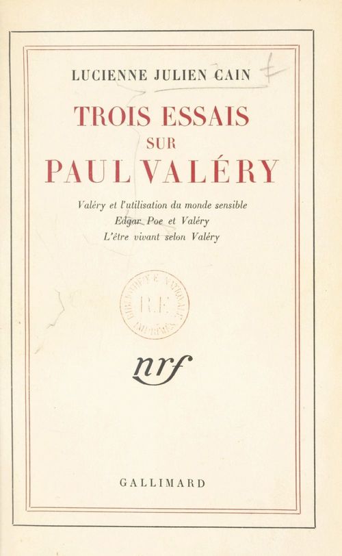 Couverture ebook de Trois essais sur Paul Valéry, de Lucienne Julien Cain