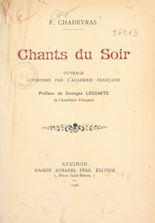 ebook cover of Chants du soir, by F. Chadeyras