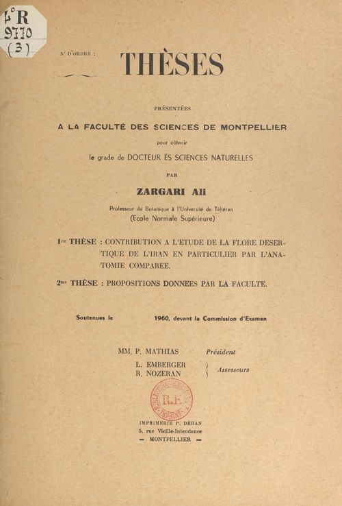 Couverture ebook de Contribution à l'étude de la flore désertique de l'Iran, en particulier par l'anatomie comparée, de Ali Zargari