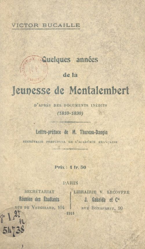 ebook cover of Quelques années de la jeunesse de Montalembert, by Victor Bucaille