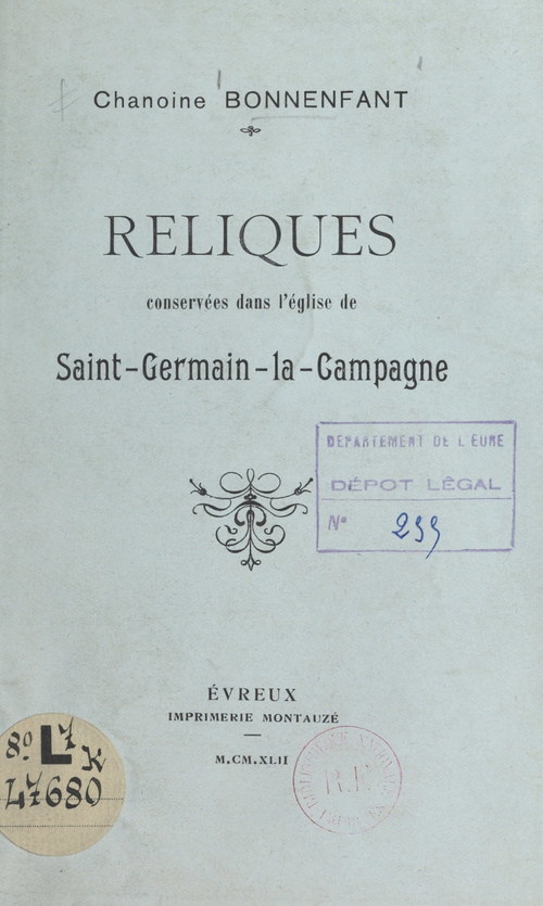 Couverture ebook de Reliques conservées dans l'église de Saint-Germain-la-Campagne, de Bonnenfant