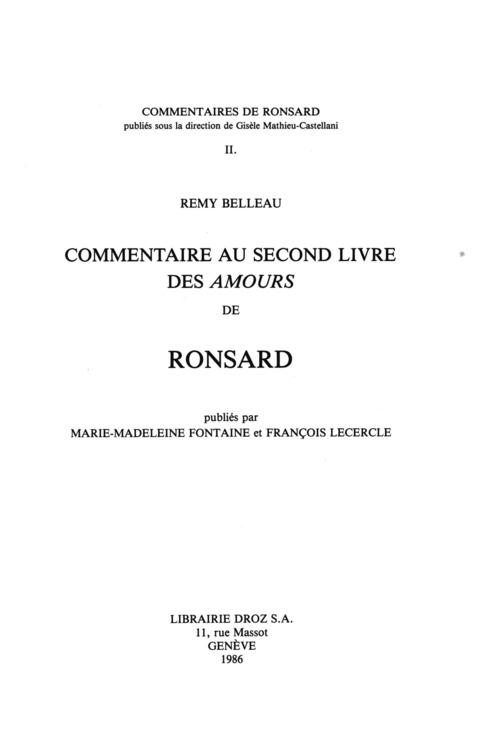Couverture ebook de Commentaire au second livre des "Amours" de Ronsard, de Belleau R My