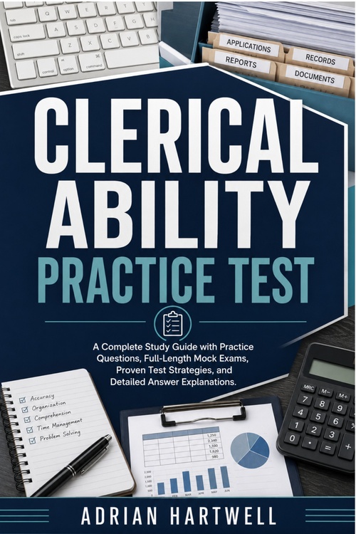 Couverture ebook de CLERICAL ABILITY PRACTICE TEST 2026/2027, de Adrian Hartwell